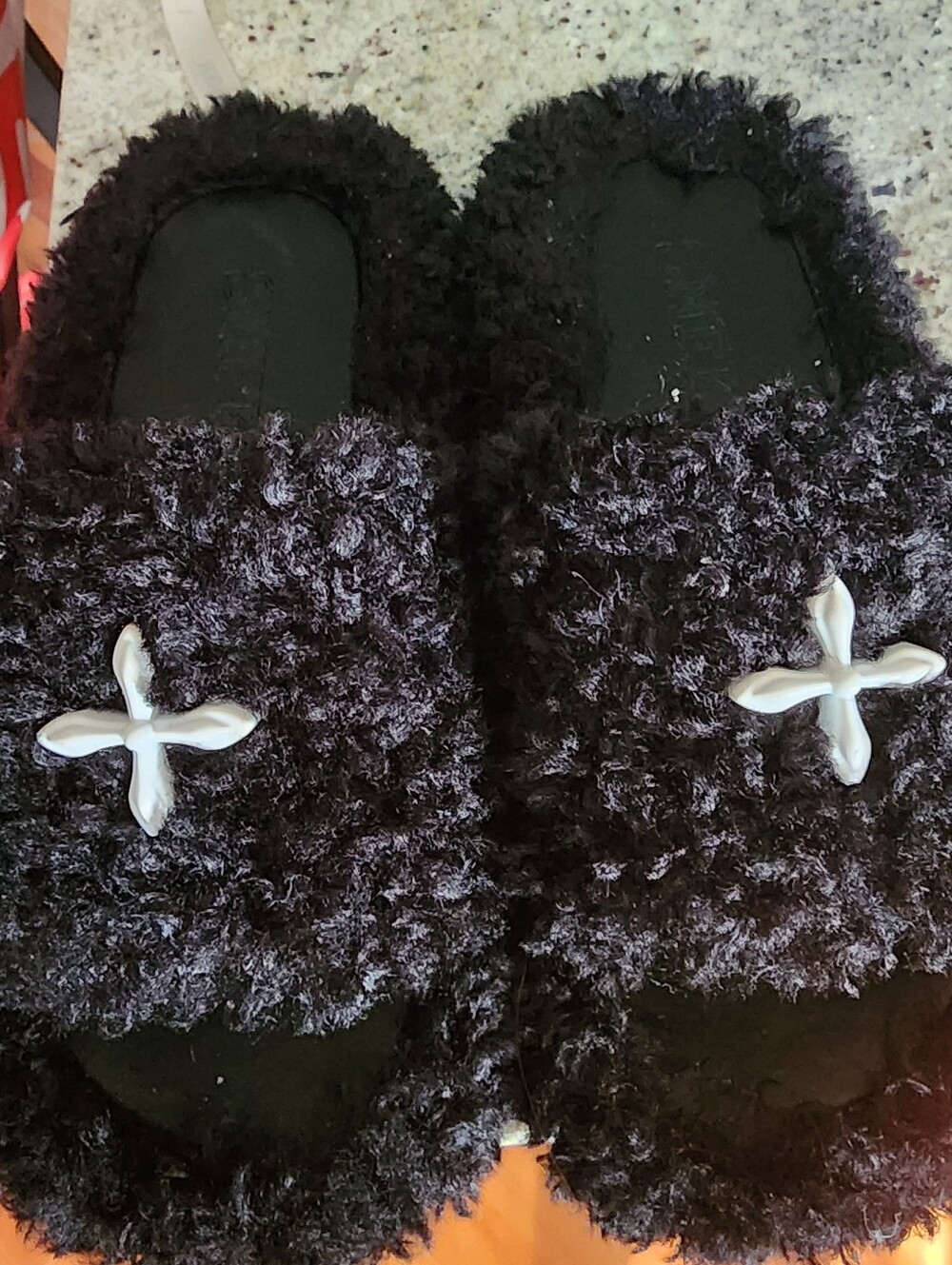 Fuzzy Black Slide Slippers with White Cross Detail